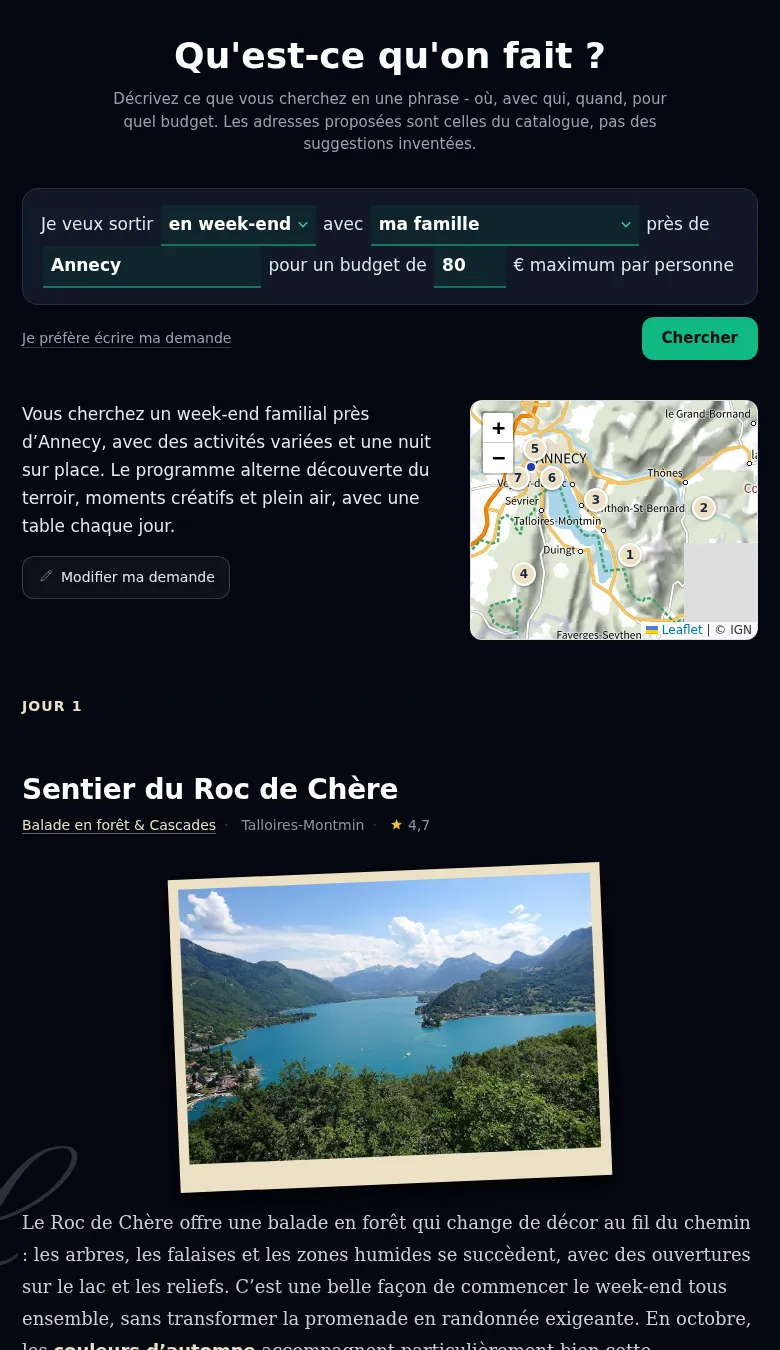 Réponse de l'assistant IA de mesloisirs.fr : un week-end en famille près d'Annecy, avec une carte et des adresses commentées