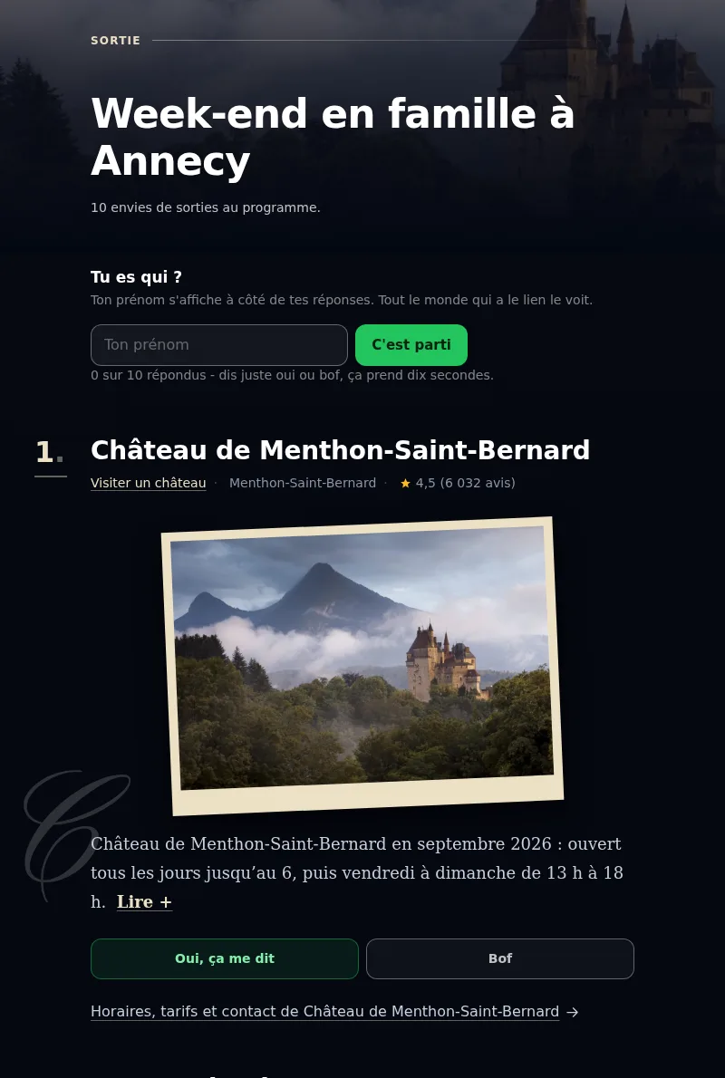 Programme partagé « Week-end en famille à Annecy » : chaque proche répond « Oui, ça me dit » ou « Bof » à chaque adresse